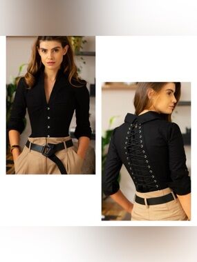 Corset Story corset shirt with sleeves and metal boning size 28", black